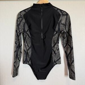 Women's Lyra Black Geometric Pattern Long Sleeve One‎ Piece Swimsuit Size S NEW
